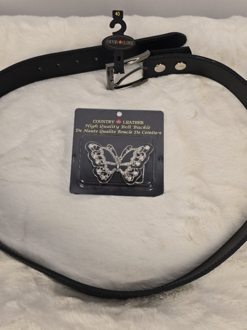 Country Leather Belt Size 40 + Rhinestone Butterfly Buckle – New